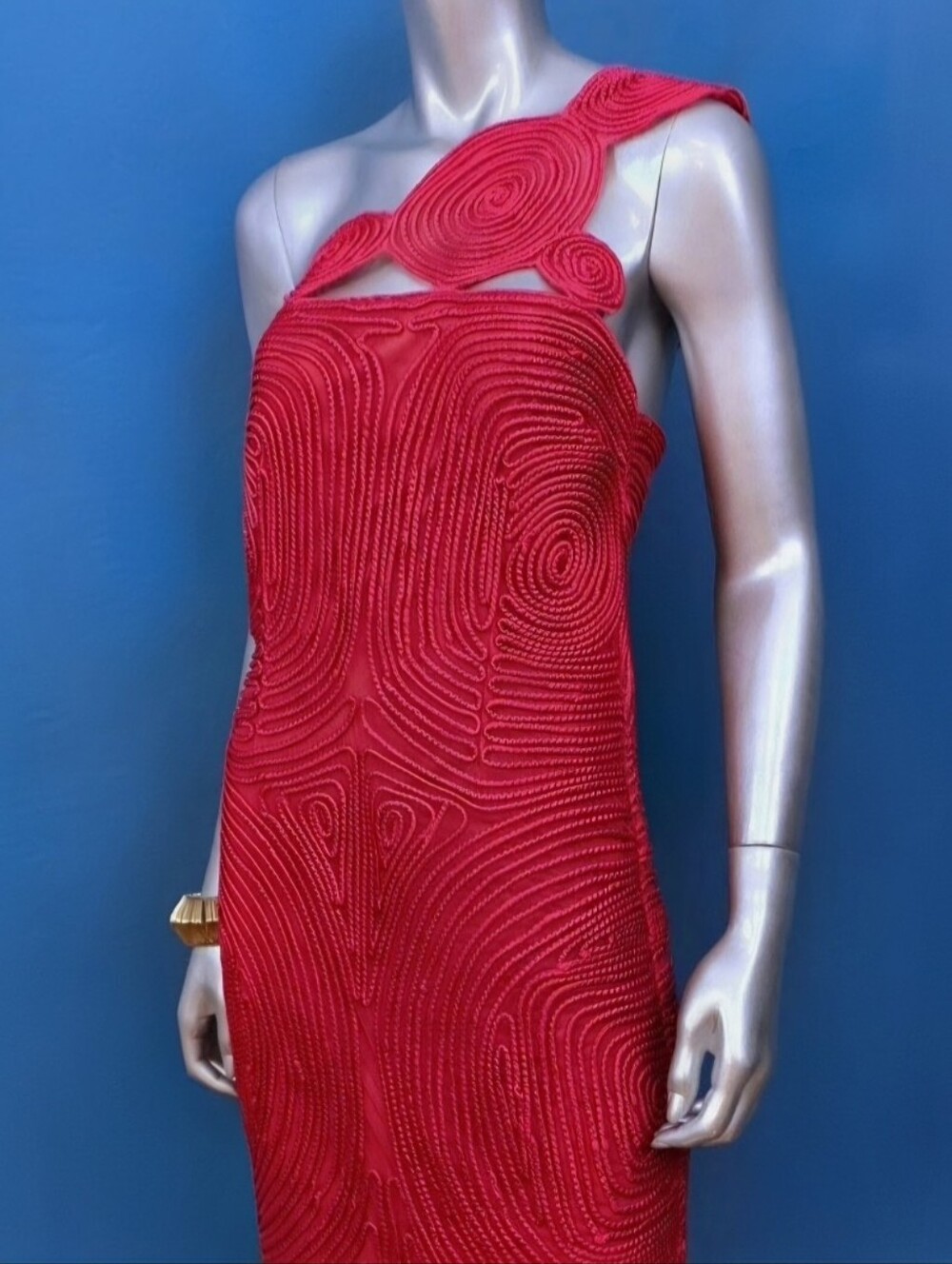 🆕️🔴ARRANGE Embroidered Satin One Shoulder Maxi Dress w/ Cutwork Design / (NWT) - Picture 7 of 13
